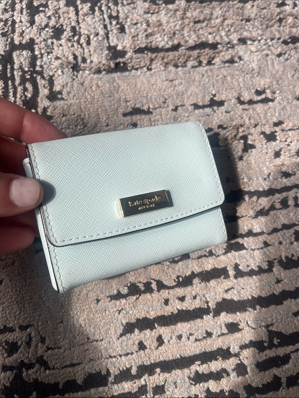 kate spade pastel blue Saffiano leather compact wallet with gold plaque